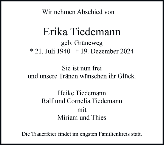 Traueranzeige von Erika Tiedemann 
