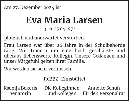 Traueranzeige von Eva Maria Larsen von Hamburger Abendblatt