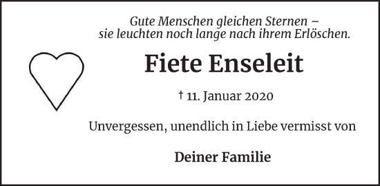 Traueranzeige von Fiete Enseleit von Hamburger Abendblatt