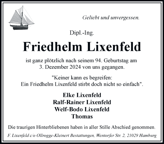 Traueranzeige von Friedhelm Lixenfeld von Hamburger Abendblatt