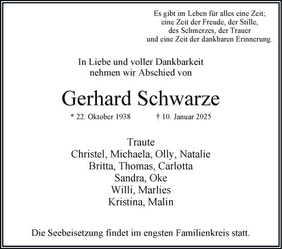 Traueranzeige von Gerhard Schwarze von Hamburger Abendblatt