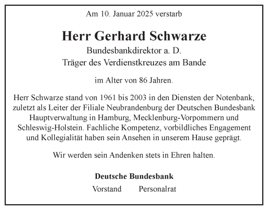 Traueranzeige von Gerhard Schwarze von Hamburger Abendblatt