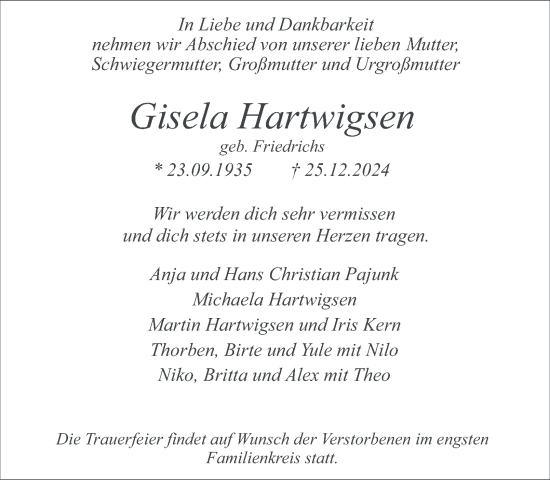 Traueranzeige von Gisela Hartwigsen von Hamburger Abendblatt