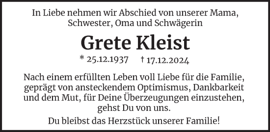 Traueranzeige von Grete Kleist von Hamburger Abendblatt