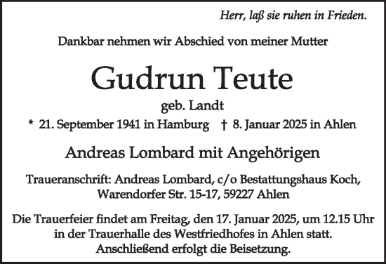 Traueranzeige von Gudrun Teute von Hamburger Abendblatt