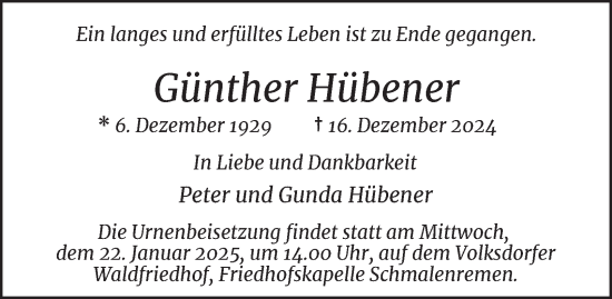 Traueranzeige von Günther Hübener von Hamburger Abendblatt