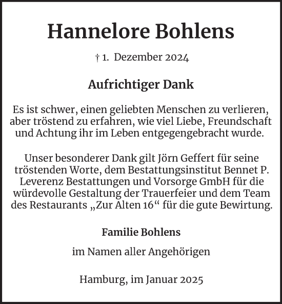 Traueranzeige von Hannelore Bohlens von Bergedorfer Zeitung