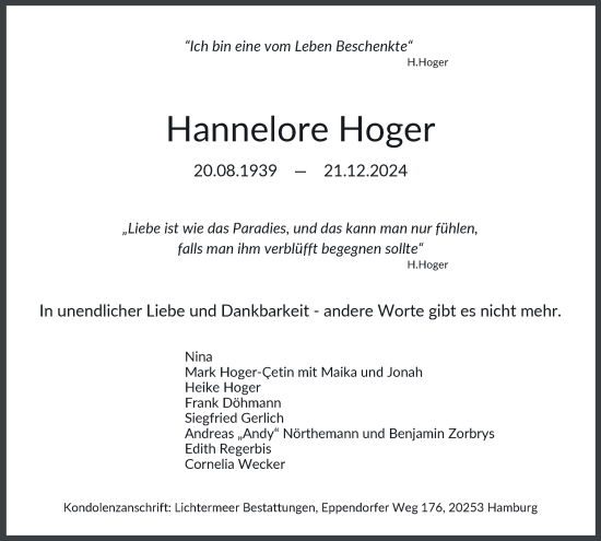 Traueranzeige von Hannelore Hoger von Hamburger Abendblatt