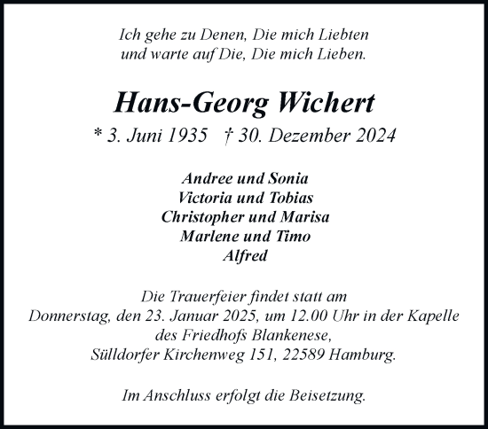 Traueranzeige von Hans-Georg Wichert von Hamburger Abendblatt