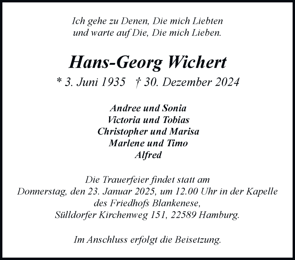  Traueranzeige für Hans-Georg Wichert vom 11.01.2025 aus Hamburger Abendblatt
