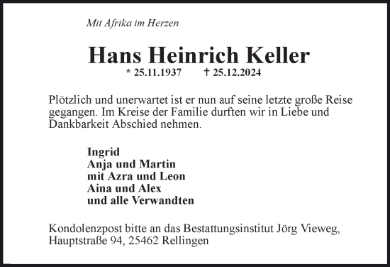 Traueranzeige von Hans Heinrich Keller von Hamburger Abendblatt