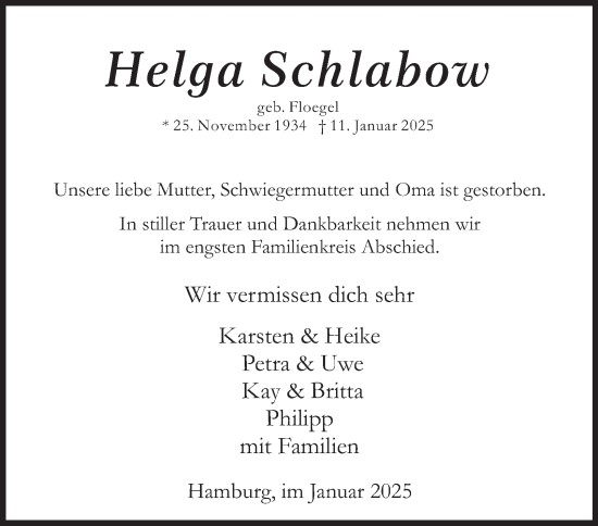 Traueranzeige von Helga Schlabow 