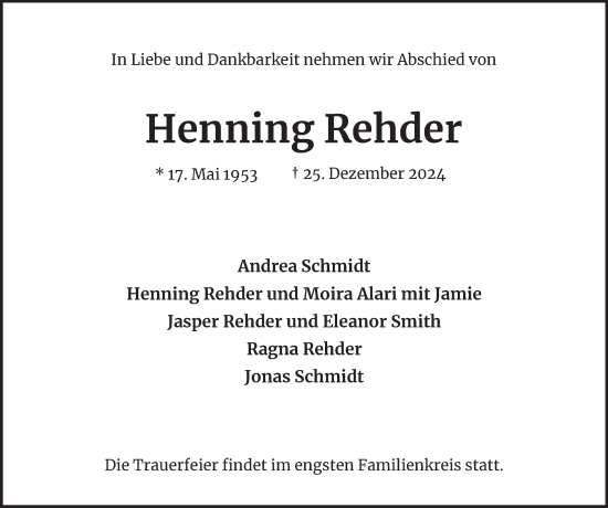 Traueranzeige von Henning Rehder von Hamburger Abendblatt