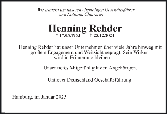 Traueranzeige von Henning Rehder von Hamburger Abendblatt