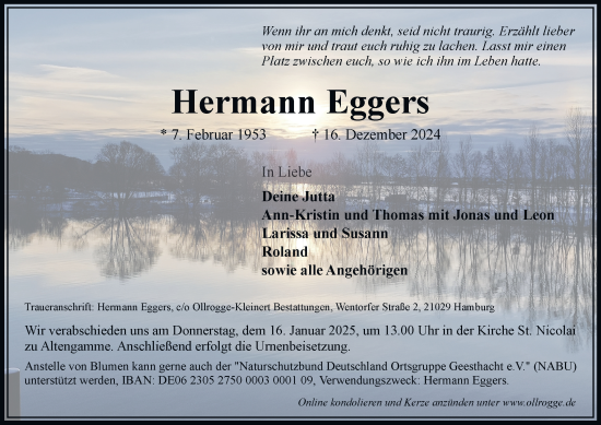 Traueranzeige von Hermann Eggers von Bergedorfer Zeitung