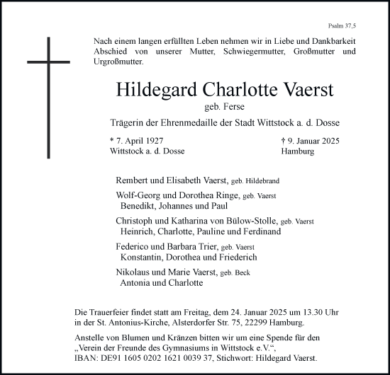 Traueranzeige von Hildegard Charlotte Vaerst von Hamburger Abendblatt