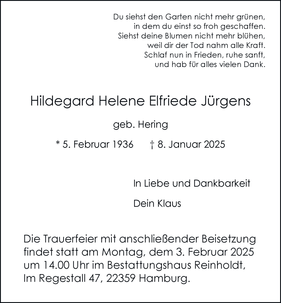  Traueranzeige für Hildegard Helene Elfriede Jürgens vom 25.01.2025 aus Hamburger Abendblatt