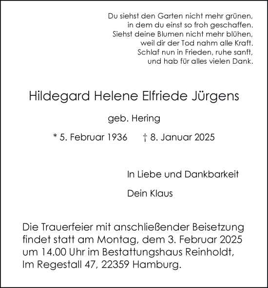 Traueranzeige von Hildegard Helene Elfriede Jürgens von Hamburger Abendblatt