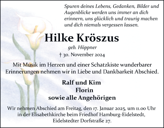 Traueranzeige von Hilke Kröszus von Hamburger Abendblatt