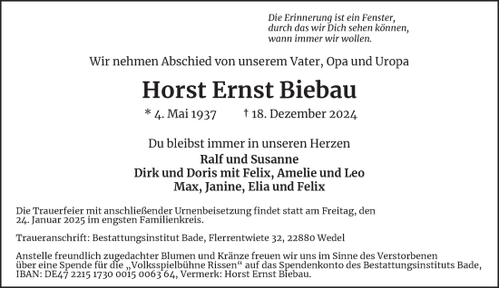 Traueranzeige von Horst Ernst Biebau von Hamburger Abendblatt