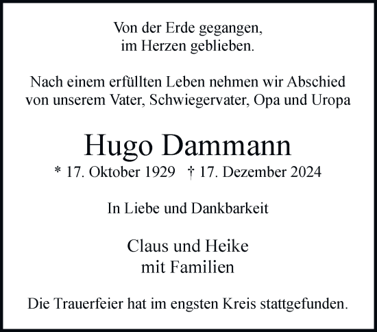 Traueranzeige von Hugo Dammann von Hamburger Abendblatt