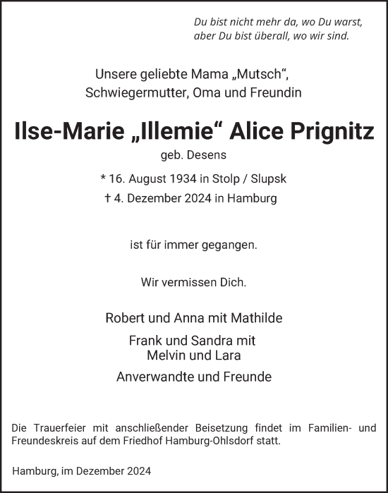 Traueranzeige von Ilse-Marie Prignitz von Hamburger Abendblatt