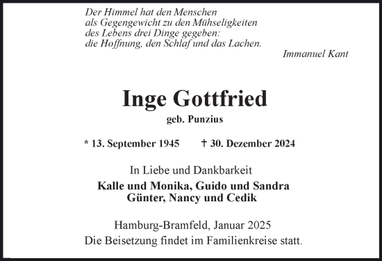 Traueranzeige von Inge Gottfried von Hamburger Abendblatt