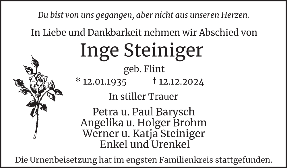  Traueranzeige für Inge Steiniger vom 18.01.2025 aus 