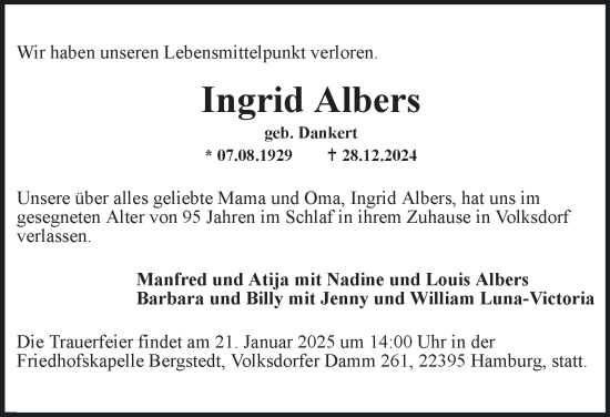Traueranzeige von Ingrid Albers von Hamburger Abendblatt