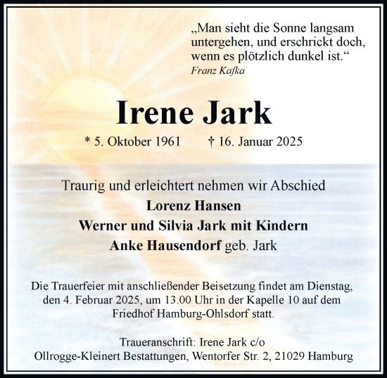 Traueranzeige von Irene Jark von Hamburger Abendblatt