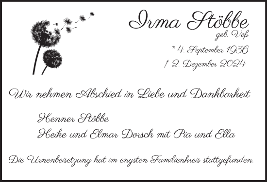 Traueranzeige von Irma Stöbbe 