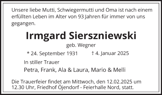 Traueranzeige von Irmgard Sierszniewski 