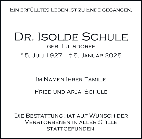 Traueranzeige von Isolde Schule von Hamburger Abendblatt
