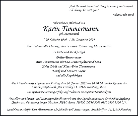 Traueranzeige von Karin Timmermann von Hamburger Abendblatt