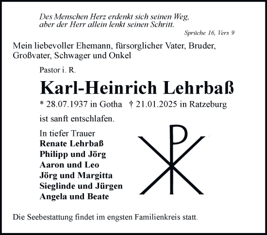 Traueranzeige von Karl-Heinrich Lehrbaß von Bergedorfer Zeitung