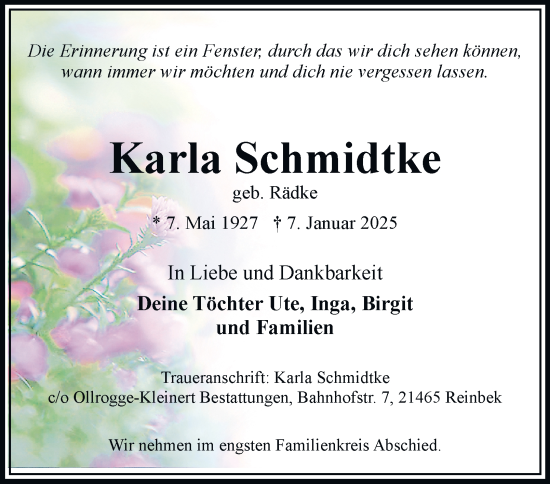 Traueranzeige von Karla Schmidtke von Bergedorfer Zeitung