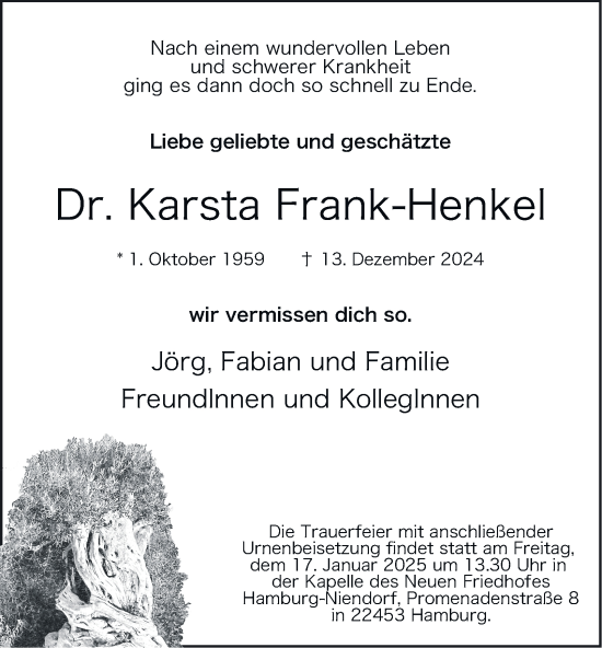 Traueranzeige von Karsta Frank-Henkel von Hamburger Abendblatt