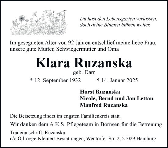 Traueranzeige von Klara Ruzanska von Bergedorfer Zeitung