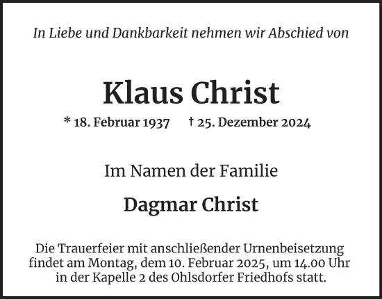 Traueranzeige von Klaus Christ von Hamburger Abendblatt