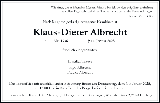 Traueranzeige von Klaus-Dieter Albrecht von Hamburger Abendblatt, Bergedorfer Zeitung