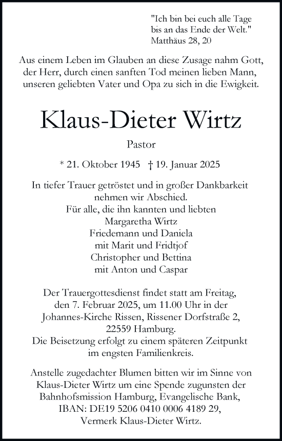 Traueranzeige von Klaus-Dieter Wirtz von Hamburger Abendblatt