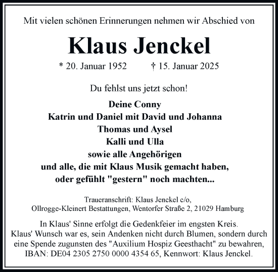 Traueranzeige von Klaus Jenckel von Hamburger Abendblatt, Bergedorfer Zeitung