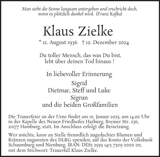 Traueranzeige von Klaus Zielke von HA Regio Harburg