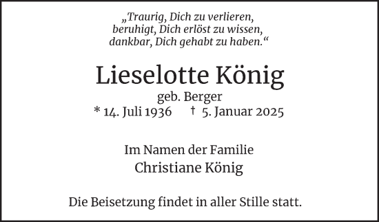 Traueranzeige von Lieselotte König von Hamburger Abendblatt