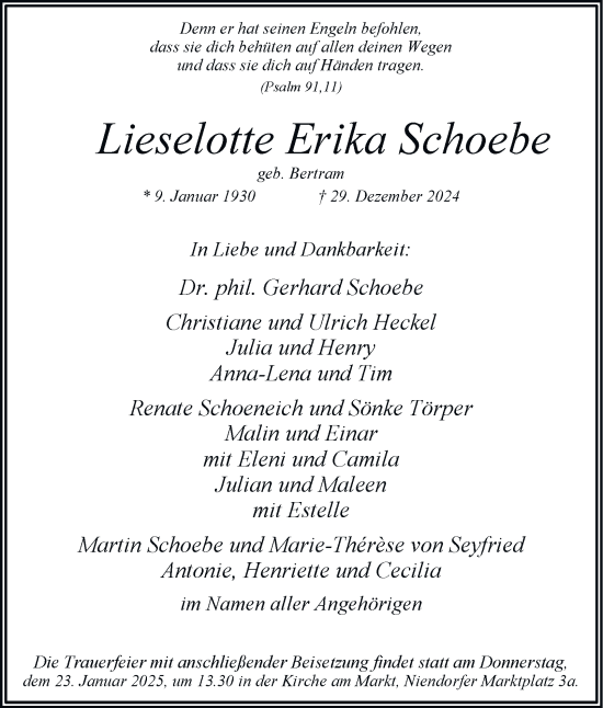 Traueranzeige von Lieselotte Erika Schoebe von Hamburger Abendblatt