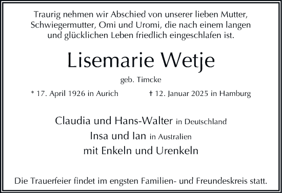 Traueranzeige von Lisemarie Wetje von Hamburger Abendblatt