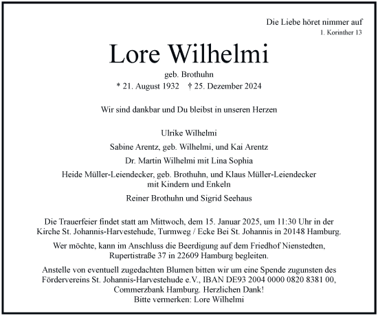 Traueranzeige von Lore Wilhelmi von Hamburger Abendblatt