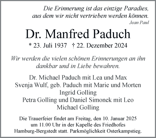 Traueranzeige von Manfred Paduch von Hamburger Abendblatt
