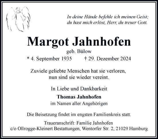 Traueranzeige von Margot Jahnhofen von Hamburger Abendblatt, Bergedorfer Zeitung