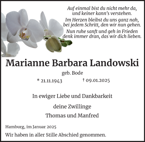 Traueranzeige von Marianne Barbara Landowski 